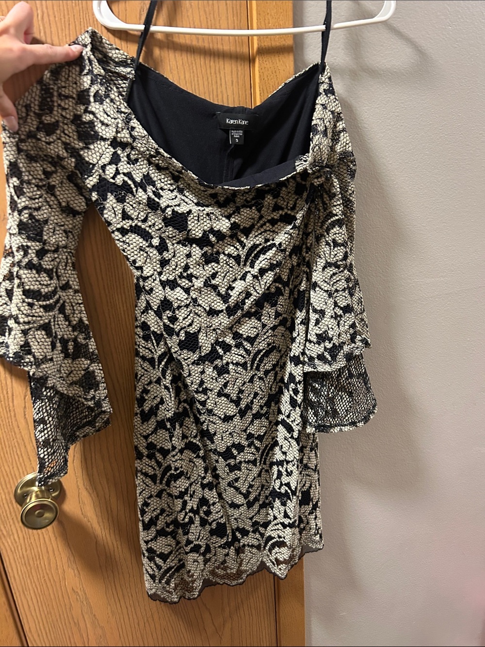 Karen Kane Black and Cream Floral Lace-Effect Off-Shoulder Dress